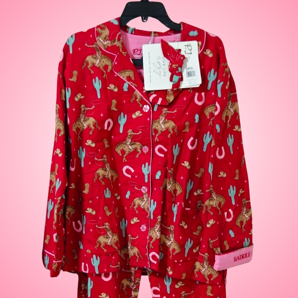 PJ Salvage Flannel Pajama Set Horse Saddle Up Samba Red Top & Pants NWT 🐎 - Picture 2 of 4